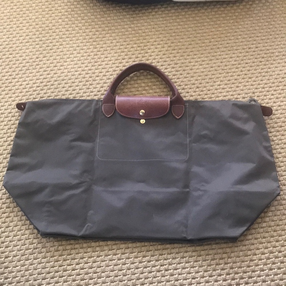 Long Champ Brown Le Pliage large top handle tote